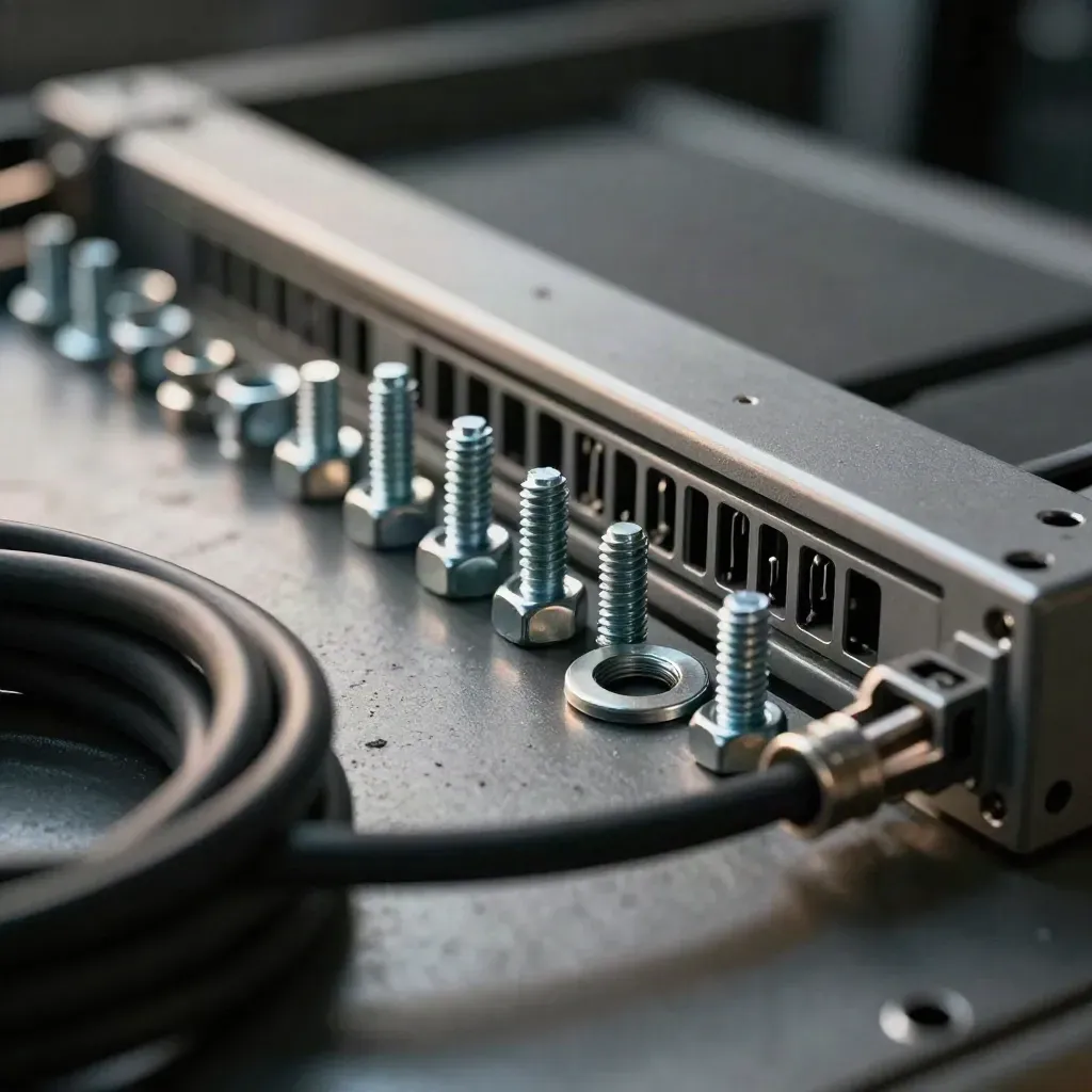 Rack screws and server-rail hardware seen through a blurred black cable coil