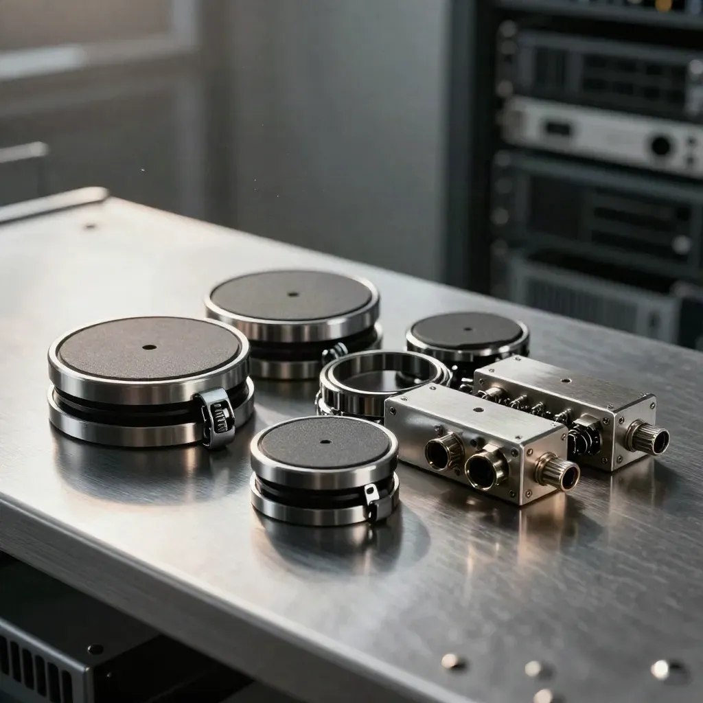 Sensor pucks, clips, and ring connectors on brushed aluminum in dramatic dark light.