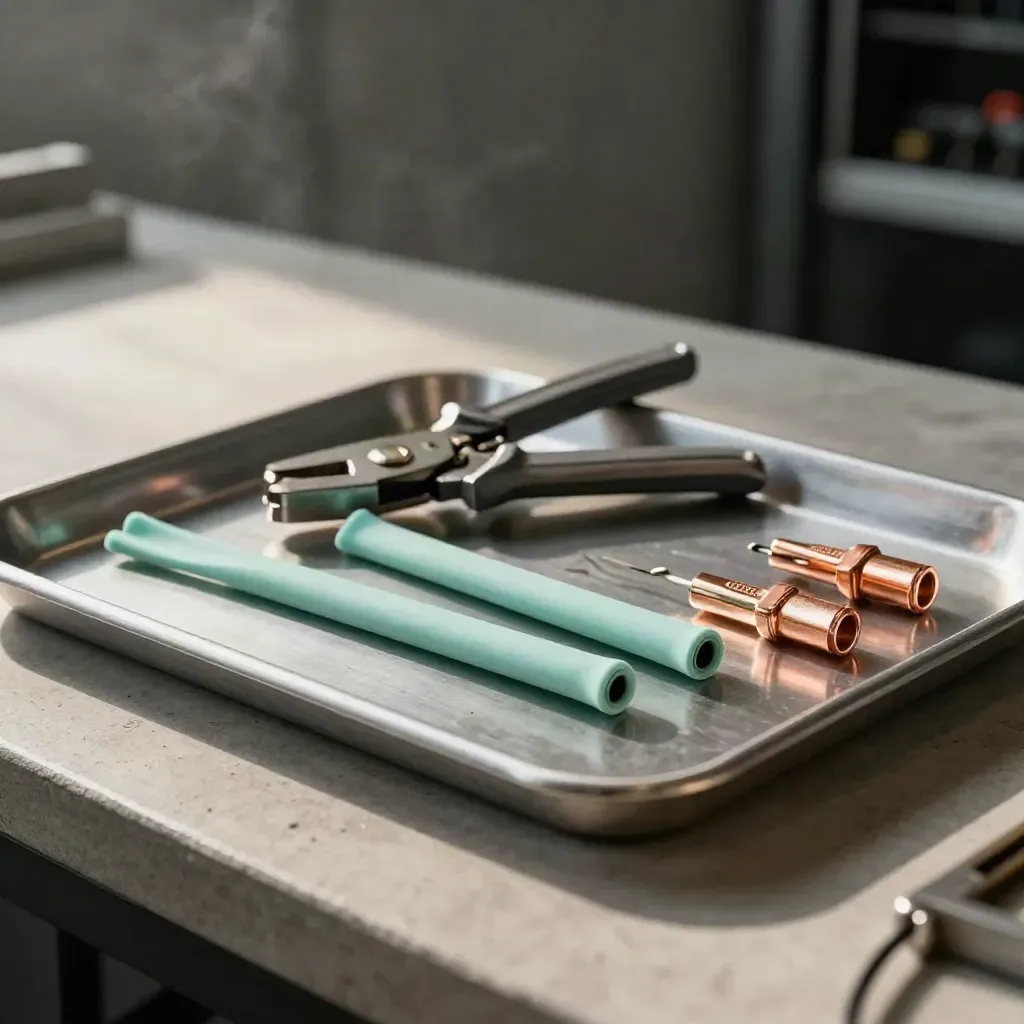 Ferrule crimper, heat-shrink sleeves, and copper lugs on a brushed steel tray with mint accent.