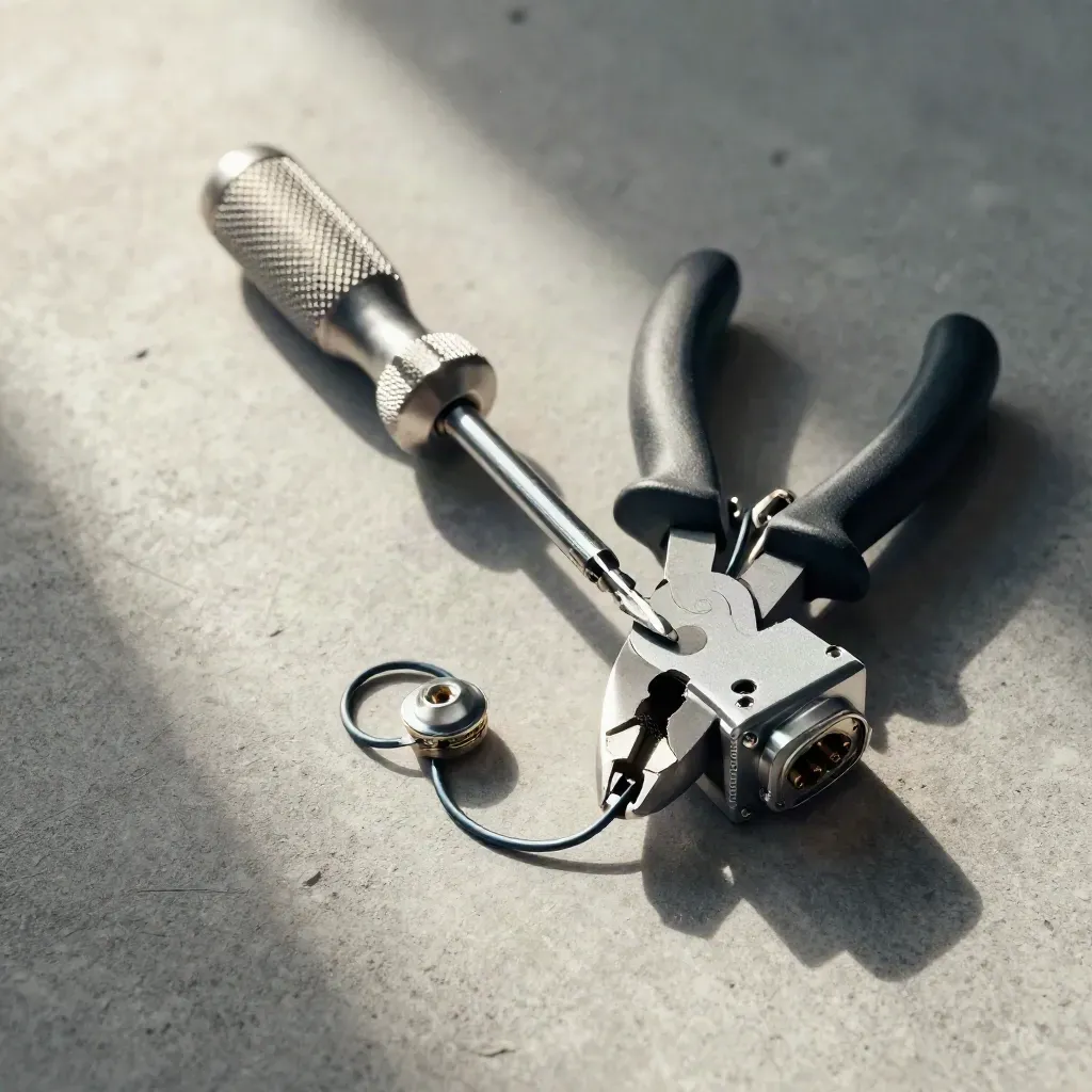Top-down avionics tools on pale concrete: torque screwdriver, safety-wire pliers, connector shell