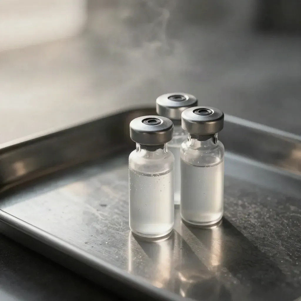 Macro still life of frosted ampoules and a vial cap on a steel tray in cool clinical light.