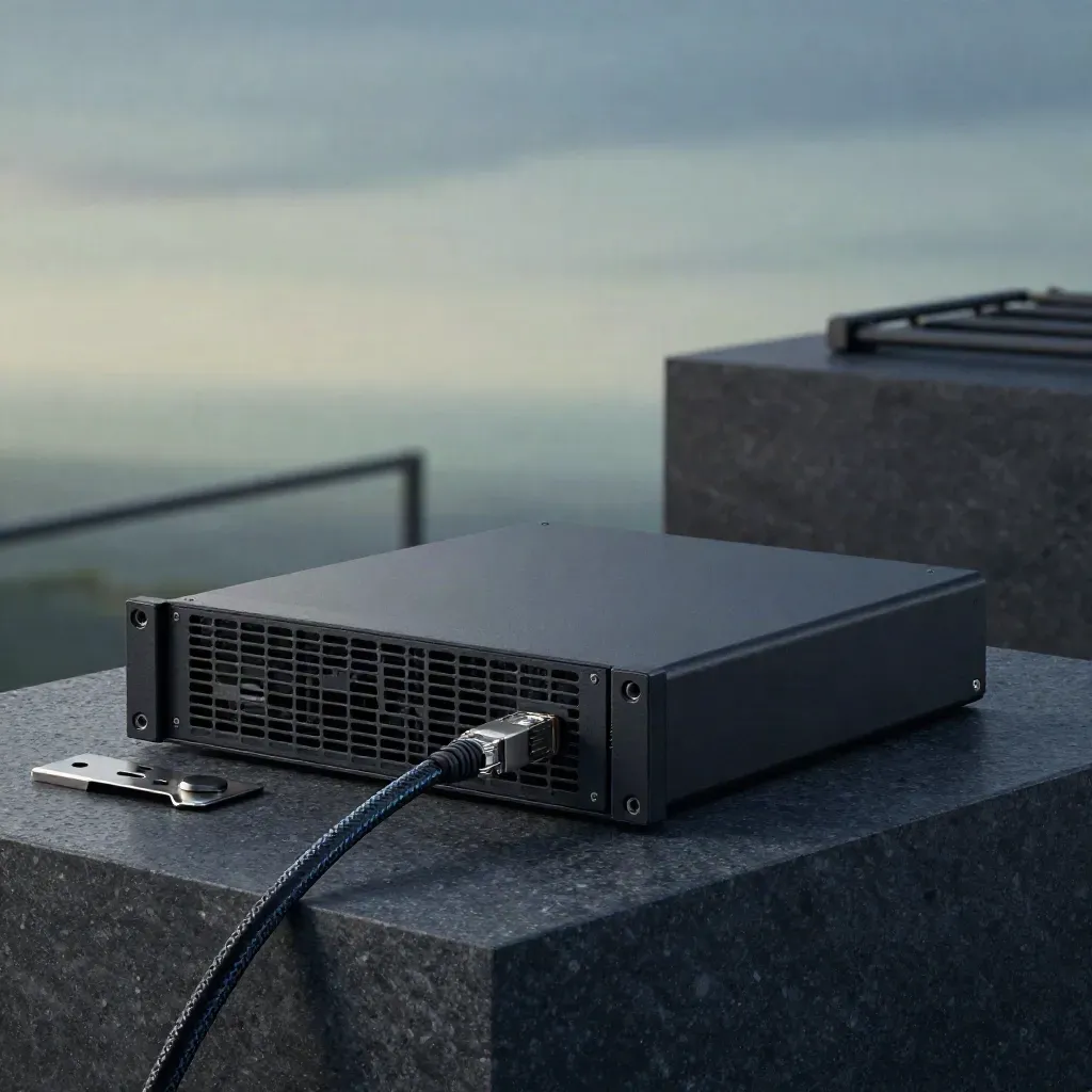 Matte-black 1U server chassis with cable, bracket and security key on stone plinth