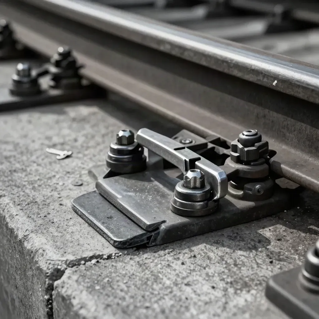 Rail fasteners and a clamp plate on weathered concrete, lit dramatically in a tight industrial still life.