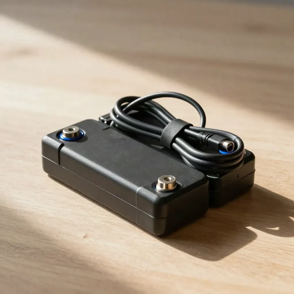 Overhead battery pack, cable, and connector cap on pale wood with electric-blue accent.