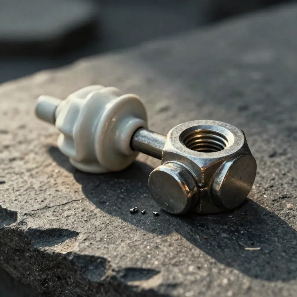 Cable lug, ceramic insulator and hex nut on dark stone in soft daylight.