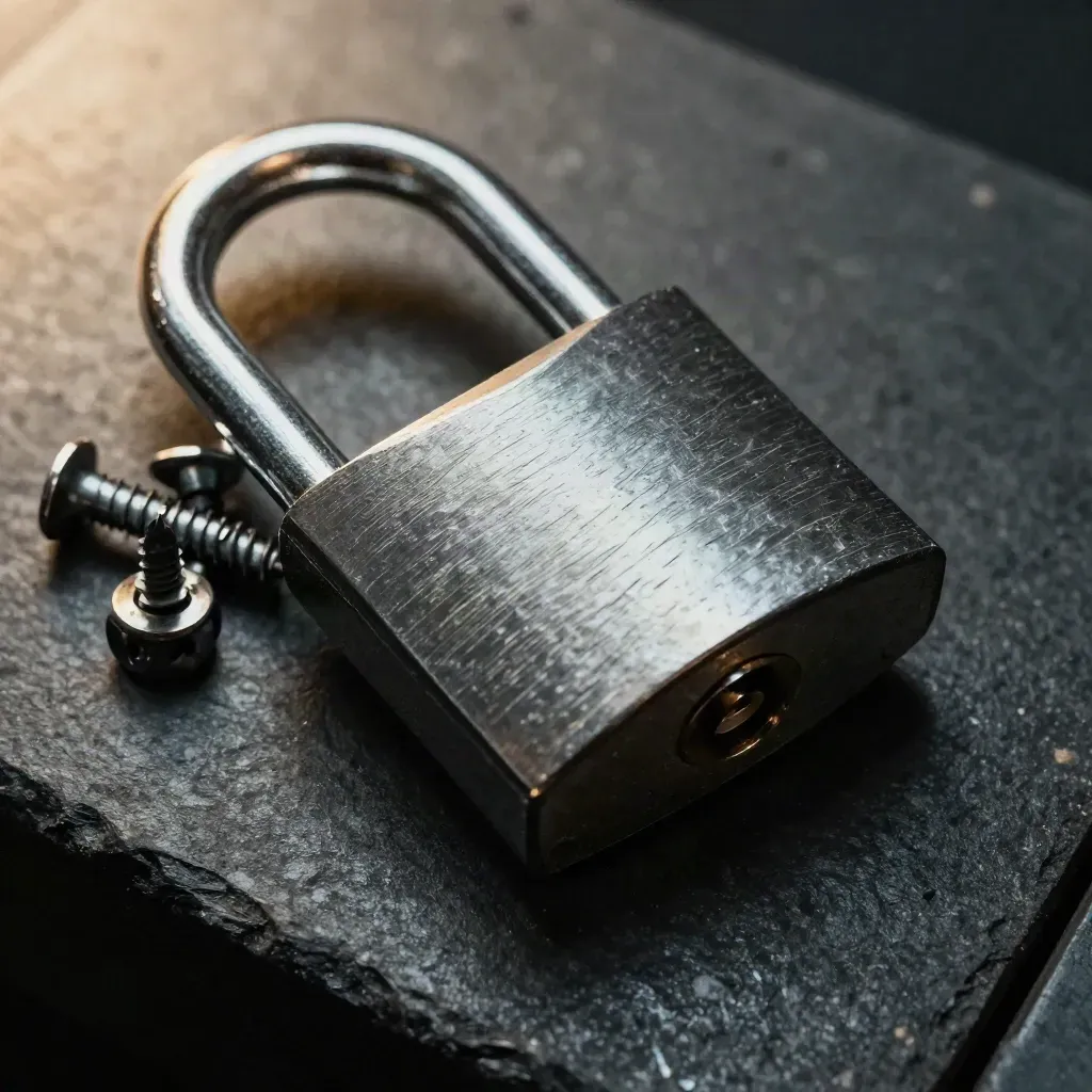 Padlock, tamper seal, and rack screws on black stone, lit from upper left