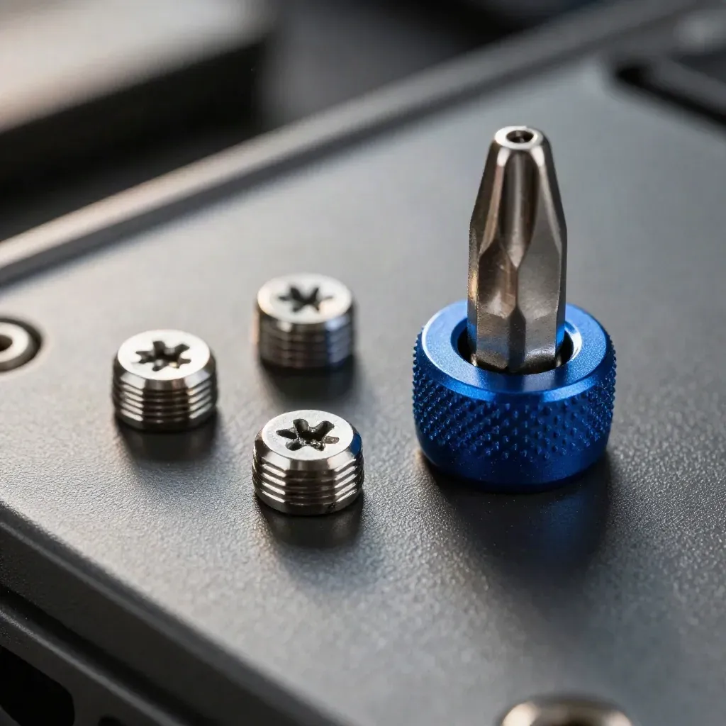 Macro of a Torx security bit, driver collar, and tamper-proof screws on graphite metal.