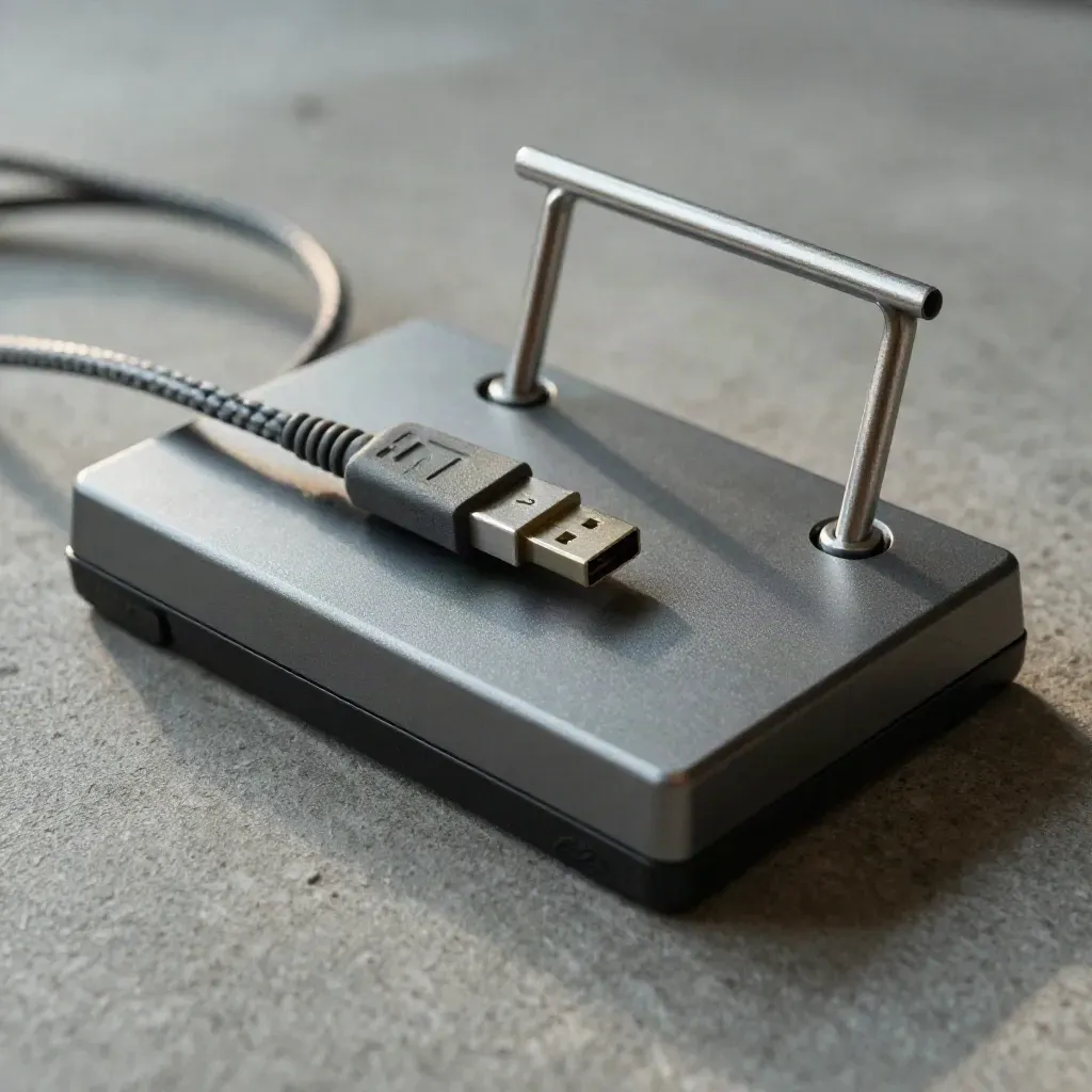 Macro of a blank four-key pad with coiled cable and aluminum stand on concrete