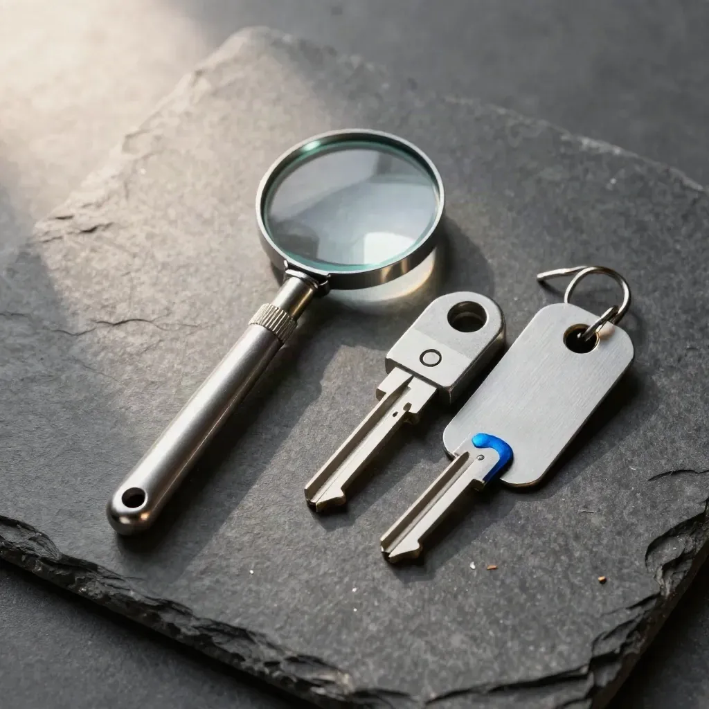 Inspection mirror, lock cylinders, and steel tag on stone in a premium overhead still life.
