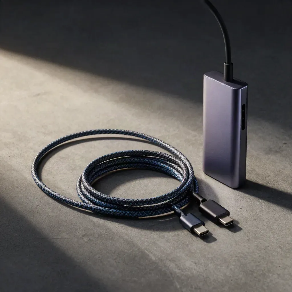 USB-C hub, braided cable, SSD enclosure and aluminum dock on concrete