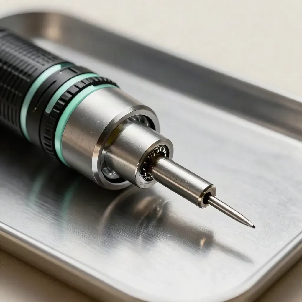 Macro flashlight, precision probe, and bent clip on brushed aluminum under grazing light.