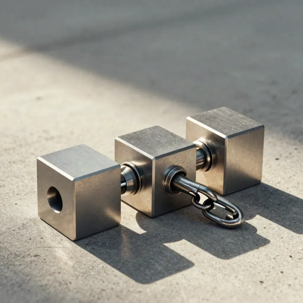 Machined blocks and a connector on pale concrete in a dramatic technical still life.