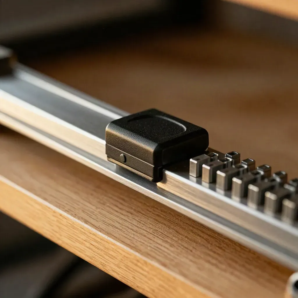 Macro of rack rail, badge reader puck, and ferrules on a warm wood shelf