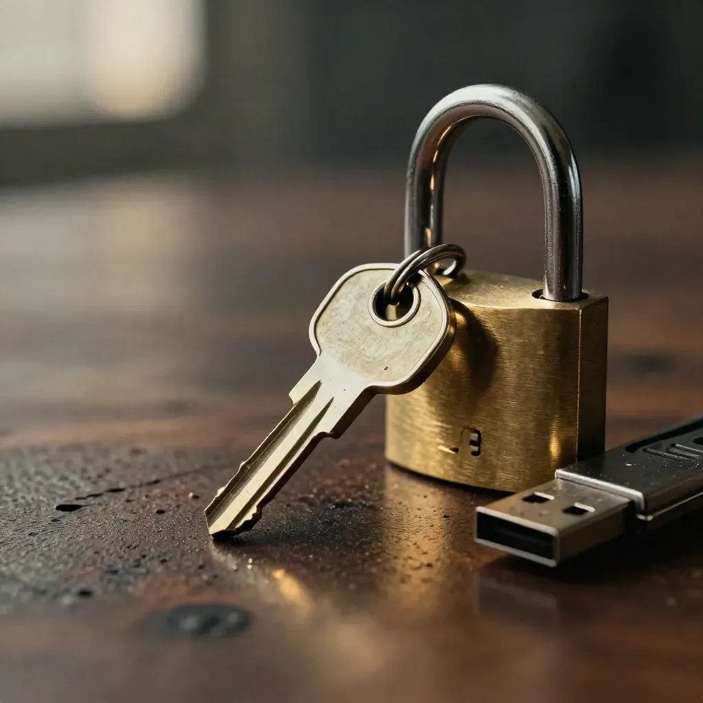 Brass key ring, padlock, and rugged USB key on dark walnut with soft bokeh