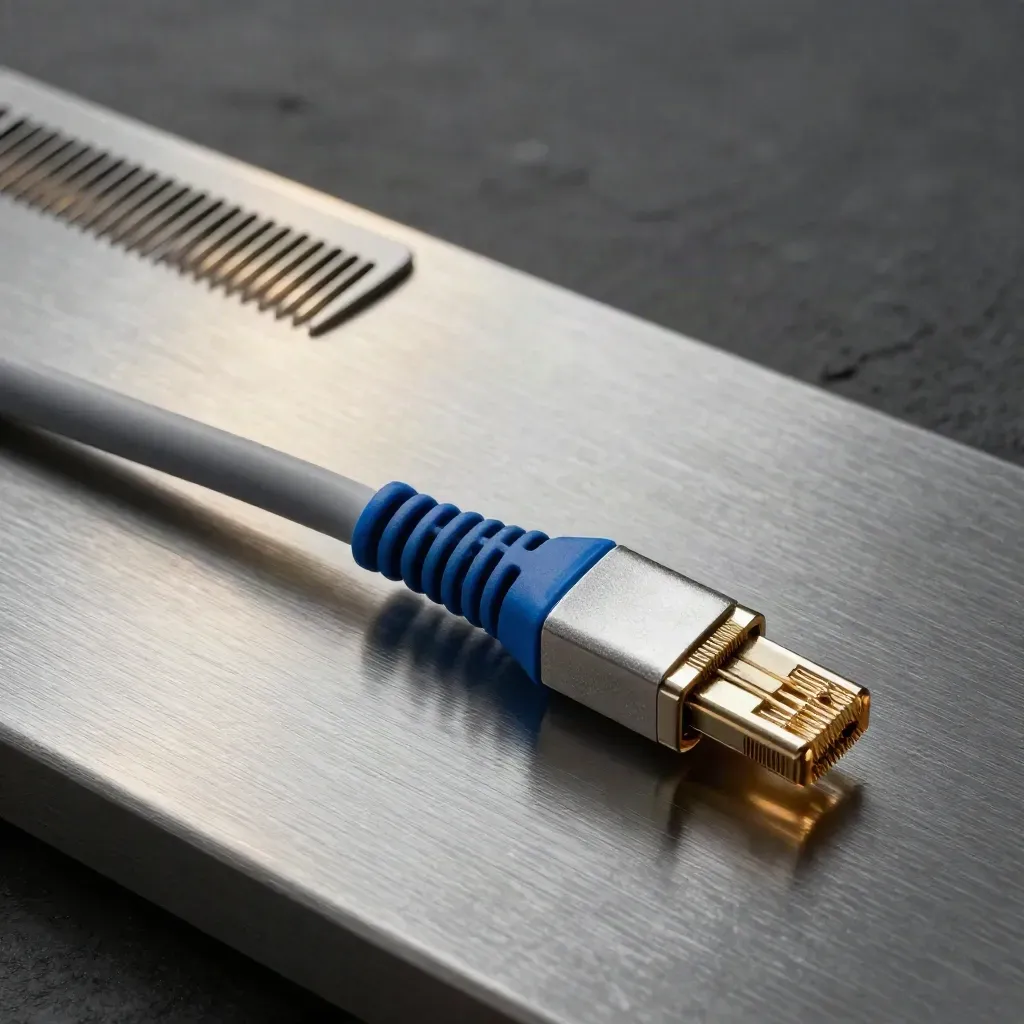 Top-down still life of patch cable, cable comb, and aluminum coupler on brushed steel.
