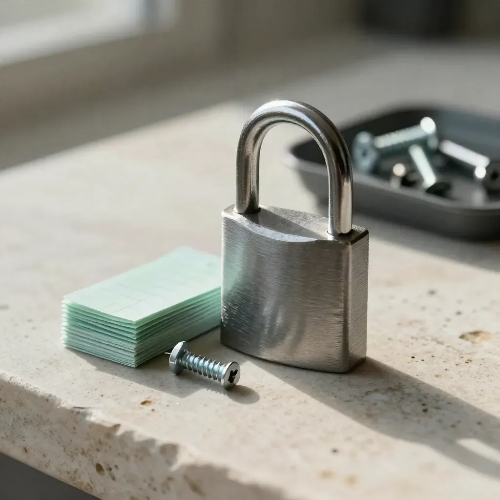 Steel padlock, mint seal strips, and screws on pale stone with moody light