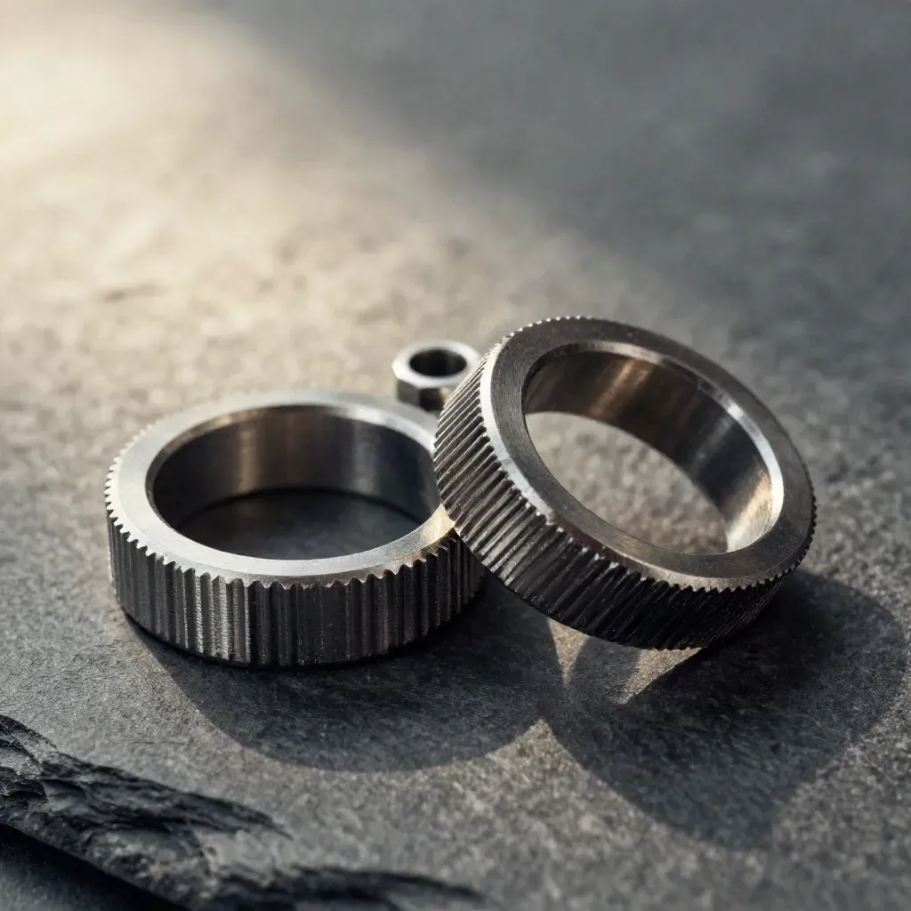 Macro steel rings and coupler on graphite, with slate highlights and soft haze.