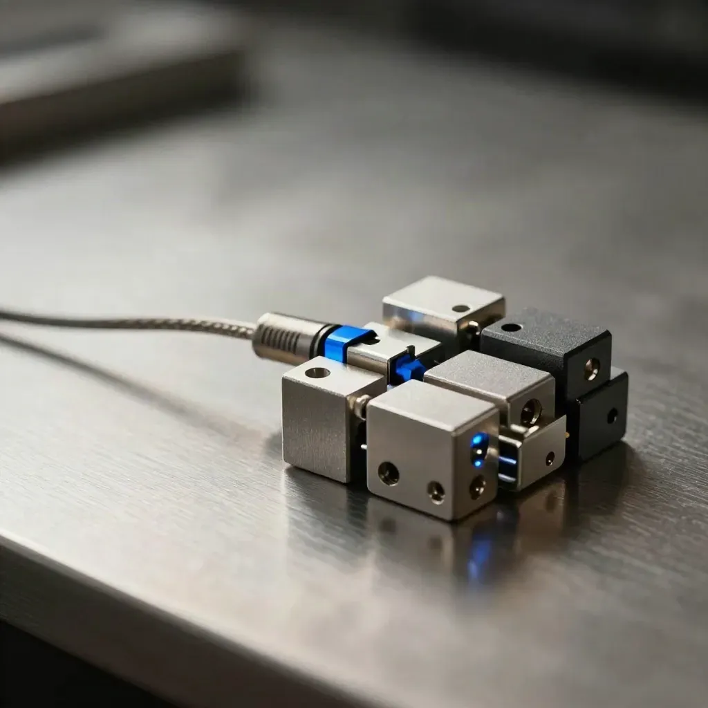 Modular metal blocks and spring clips assembling on brushed aluminum under dramatic studio light.