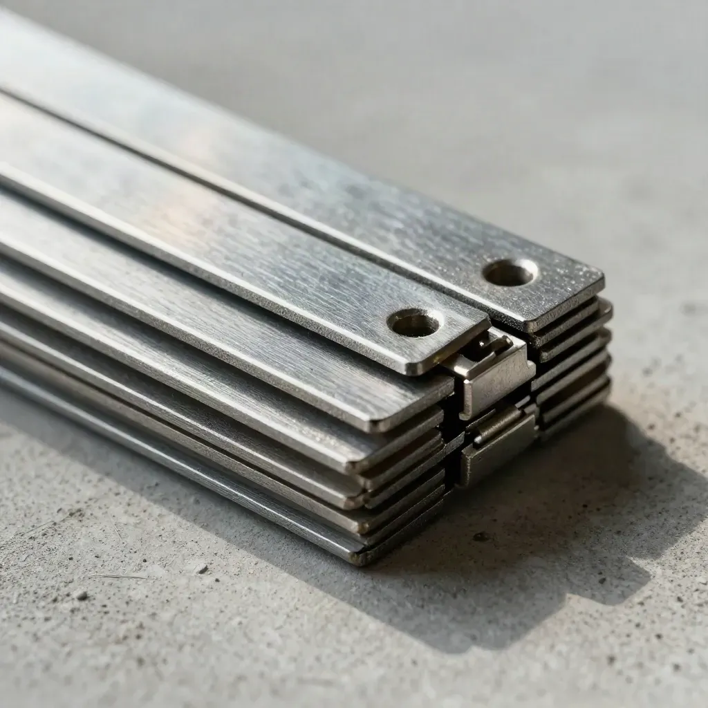 Metal tabs, hinge, and bracket on pale concrete in a tight macro still life.