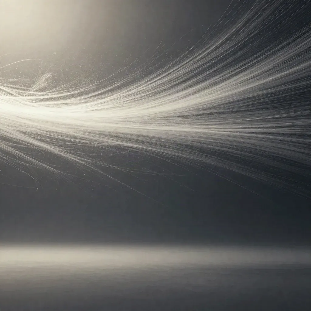 Silver light filaments bloom in charcoal haze with calm space for the headline.